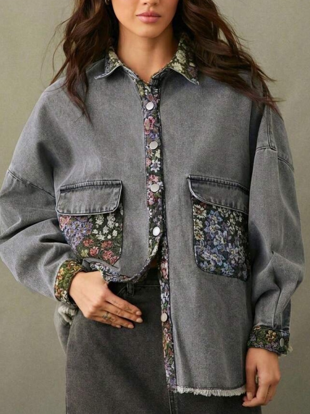 Floral-Trim Grey Denim Jacket - Women's Lightweight Jacket